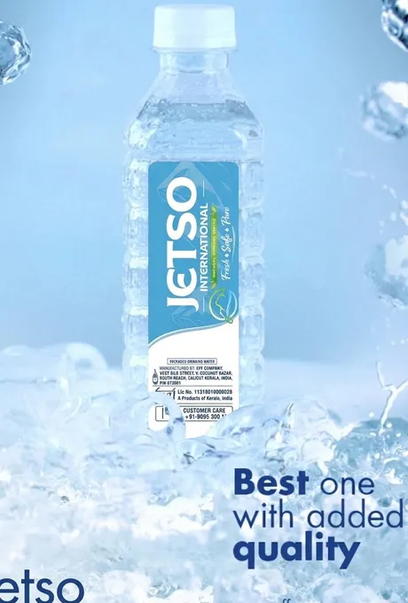 Jetso Packaged Drinking Water Bottle in ice and water splash